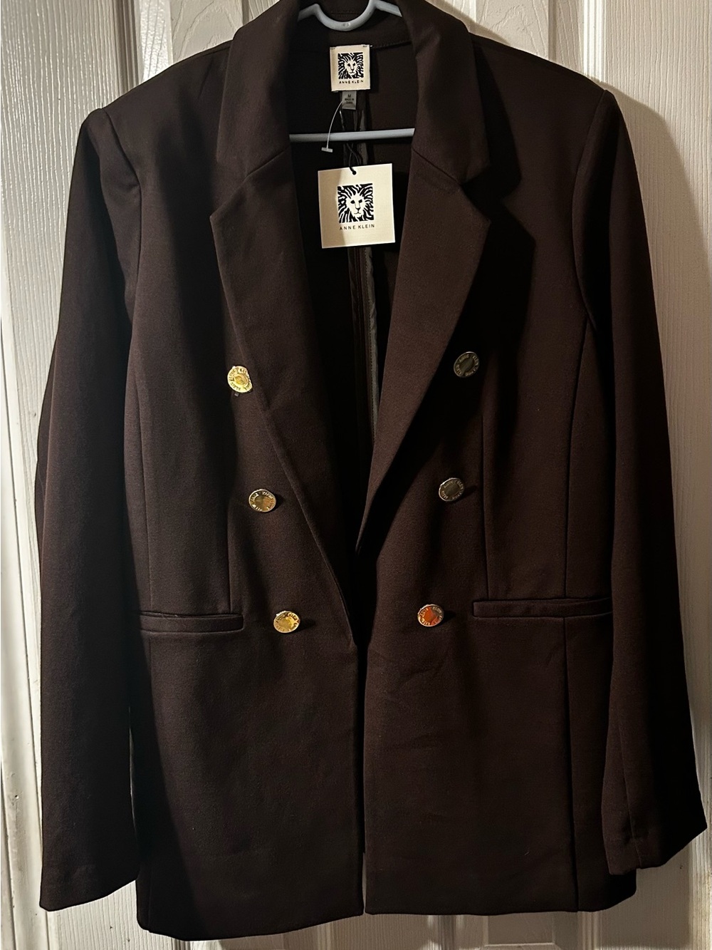 Anne Klein Dark Brown Double-Breasted Blazer with Gold-Tone Buttons